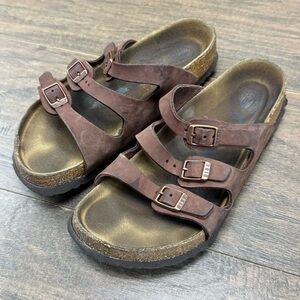 Birkenstock Sandals Womens 37/6.5 Florida Brown Three Strap Slide Beach Travel